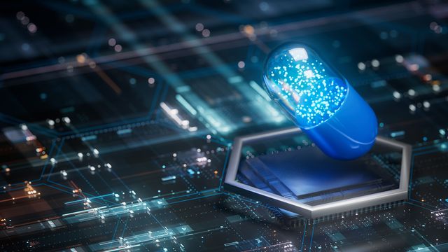 Futuristic digital capsule on a microchip, symbolizing AI-driven innovation in drug discovery. 