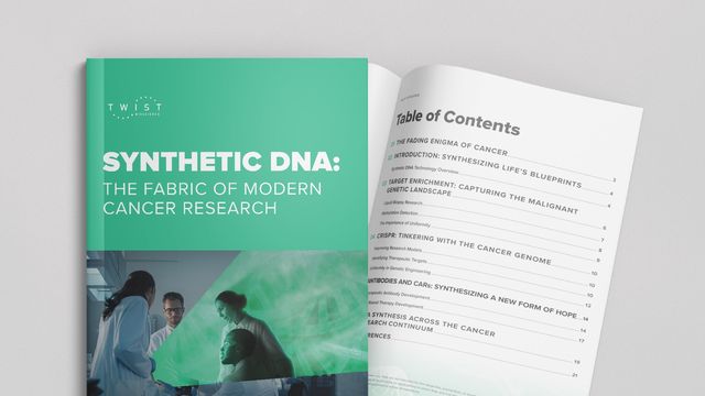Twist Bioscience eBook titled 'Synthetic DNA: The Fabric of Modern Cancer Research' with table of contents visible 