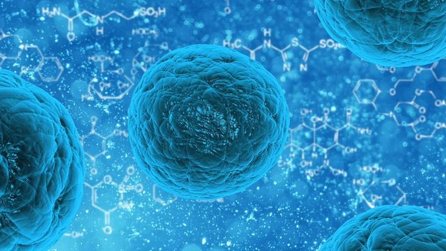 Human cells floating against a blue background, surrounded by molecules. 