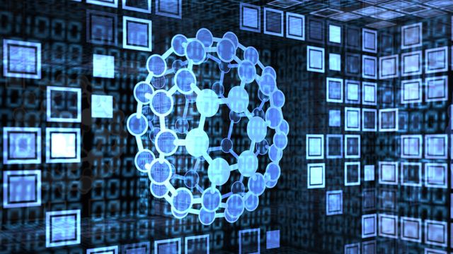 Digital 3D model of a protein structure representing data-driven proteomics research. 