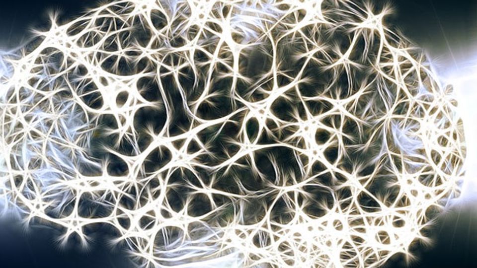 Interconnected star-shaped brain cells fill the shape of a brain.