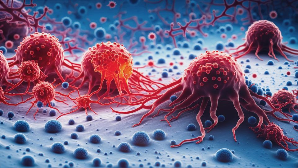 Cancer cells with prominent receptors on their surface.