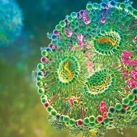 A CGI image of cells with details in shades of green and purple on a yellow and blue background. 