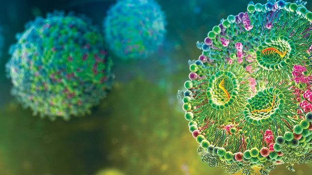 A CGI image of cells with details in shades of green and purple on a yellow and blue background. 