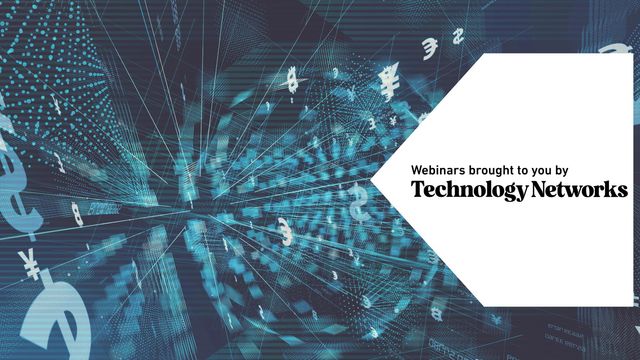 Abstract blue digital background with currency symbols and text overlay: Webinars brought to you by Technology Networks. 