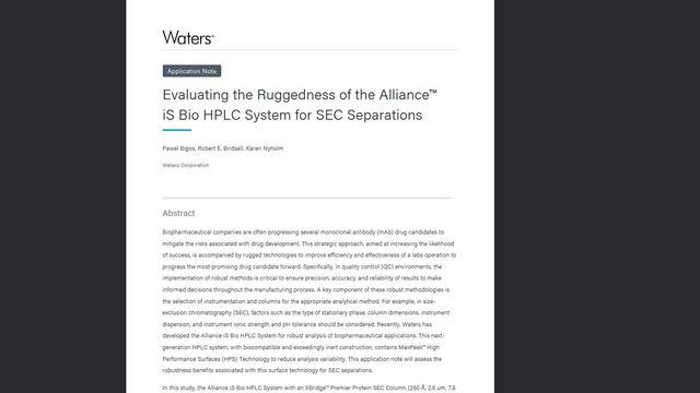 Waters application note on evaluating the ruggedness of the Alliance iS Bio HPLC System for size-exclusion chromatography separations 