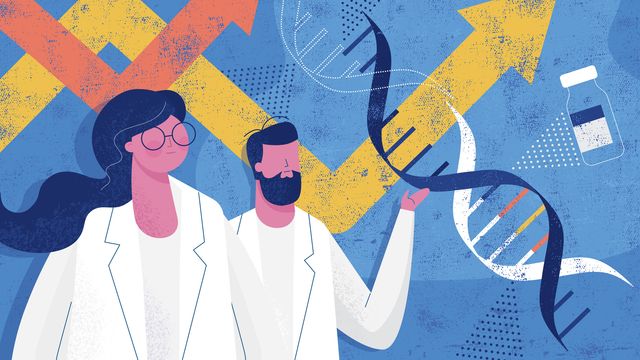 Cartoon of a male and female scientist next to a DNA double helix and therapeutic vial, representing cell and gene therapy. 