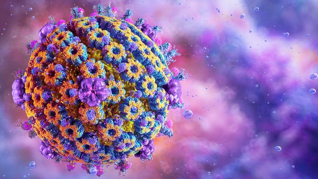 3D rendering of a colorful virus particle, representing a target for antiviral treatments. 