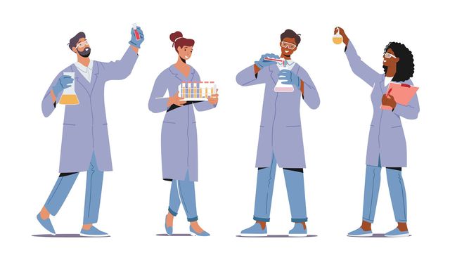 Illustration of scientists in purple lab coats working together on an experiment. 