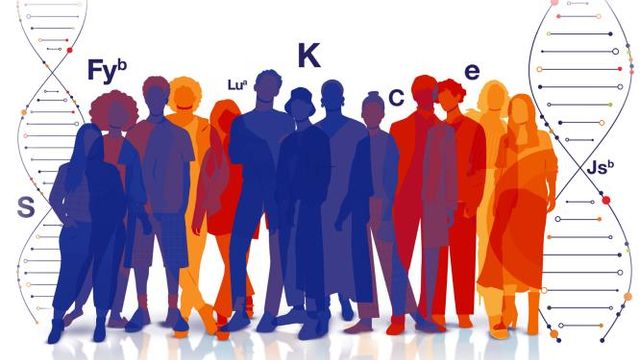  A diverse group of individuals in red and blue hues standing between two DNA strands, with blood group antigens labeled. 