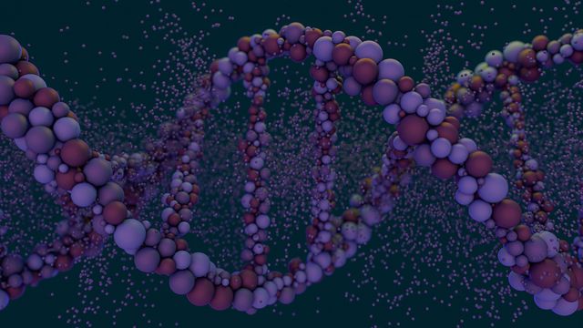 3D molecular visualization of a DNA double helix represented by spheres, with particles floating in a dark green background 