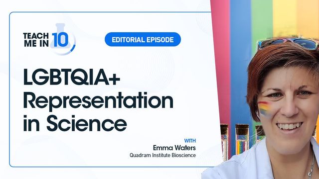 A headshot of a researcher with a striped rainbow background and testtubes in a row. 