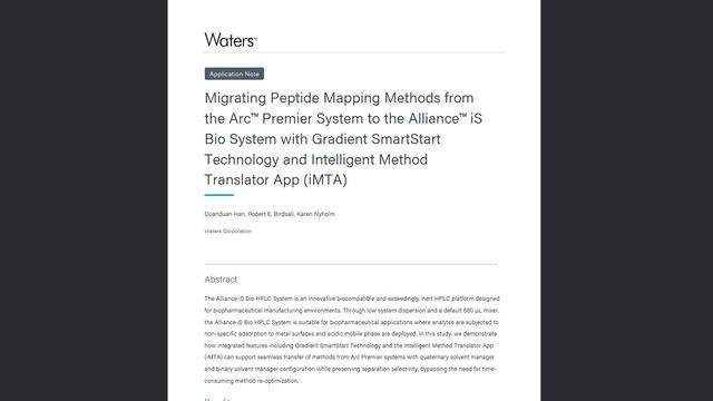 Waters application note on migrating peptide mapping methods to Alliance iS Bio with SmartStart Technology and iMTA app 