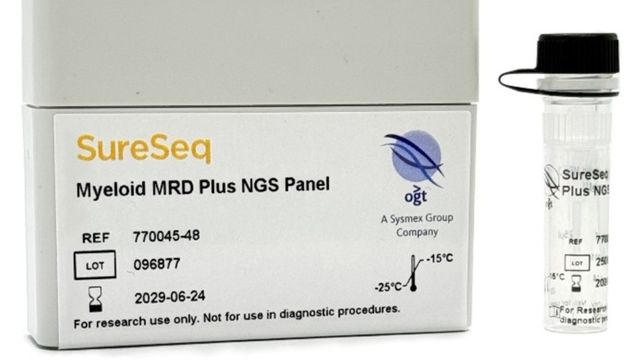 OGT SureSeq Myeloid MRD Plus NGS Panel kit with storage box and reagent tube used for ultra-sensitive MRD detection in AML. 