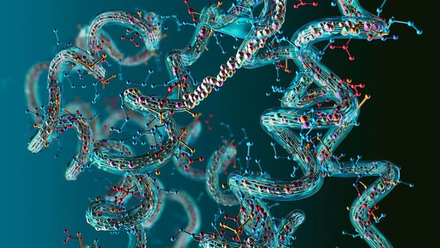 Complex 3D rendering of protein structures illustrating molecular interactions in proteomics. 