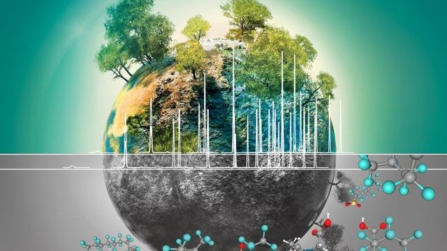 A half green, half barren Earth with trees and white lines extending upwards, overlaid with molecular structures in the foreground. 