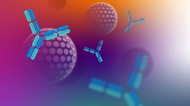 Abstract illustration of antibodies interacting with cell-like structures, symbolizing advanced immunoassay workflows 