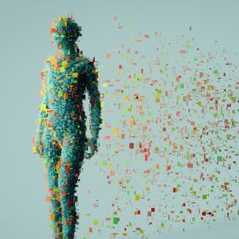 Digital human figure dissolving into colored data blocks, symbolizing spatial biology and cellular mapping. 