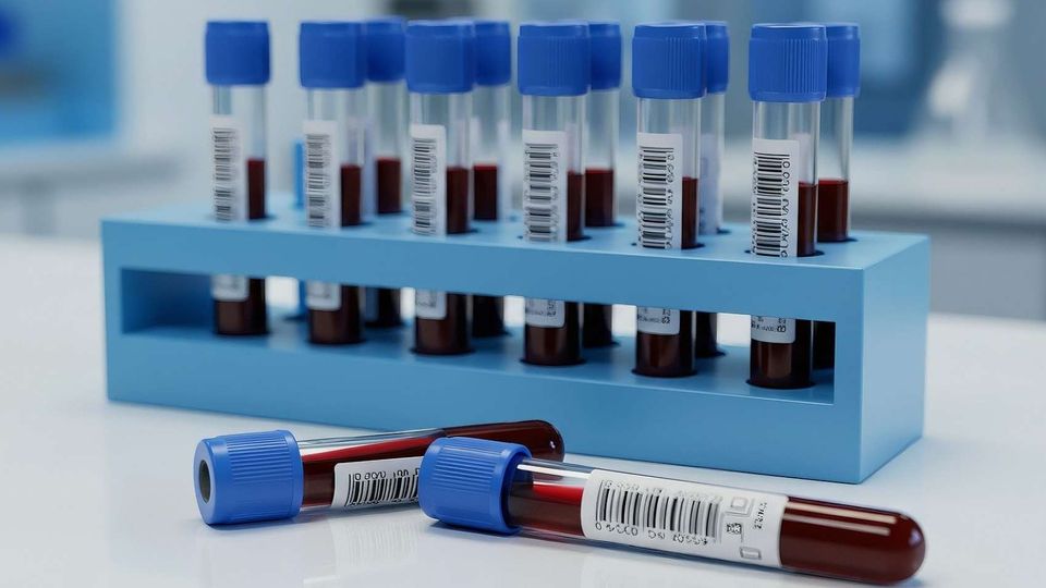 Labeled blood samples in test tubes for blood analysis in a clinical research lab.