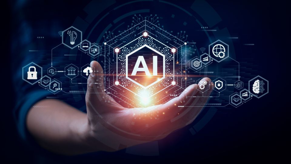 A collection of hexagons with "AI" and other digital-like icons written in them, hovering over a person's outstretched palm.