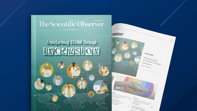 Cover of The Scientific Observer, titled 'Transforming STEMM Through Inclusion,' featuring diverse scientists worldwide.' 