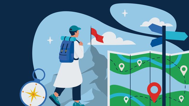 Illustration of a person in a lab coat and backpack hiking toward a mountain peak with a red flag standing beside a large map. 